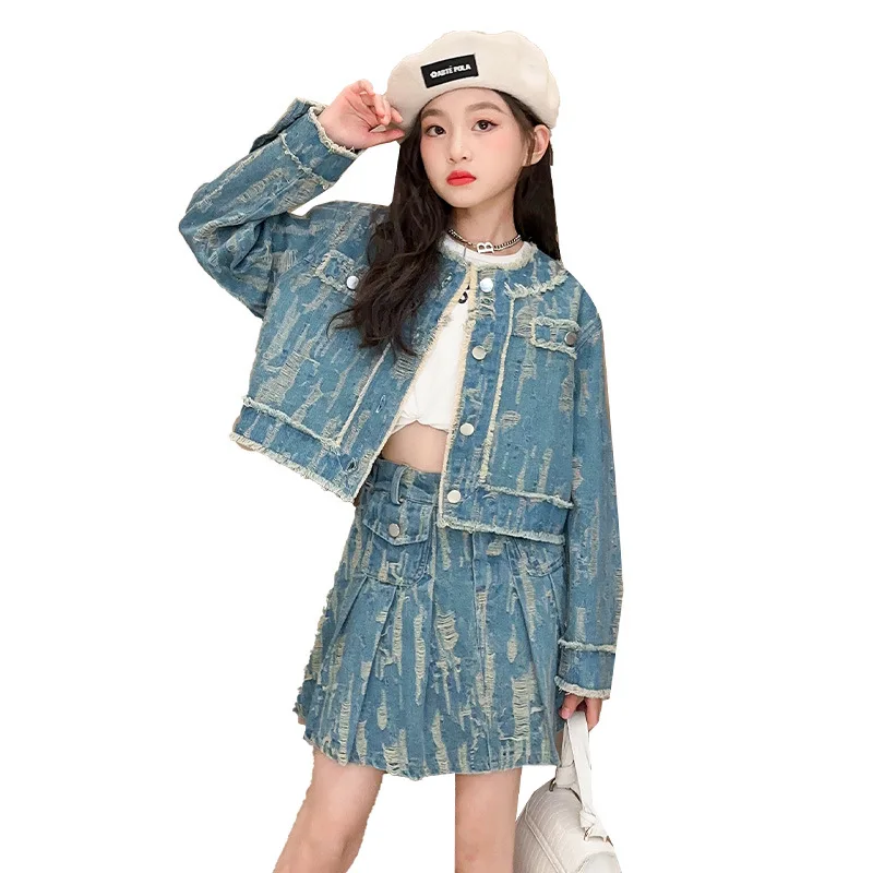 

autumn teenager girls clothes suit wear out Jean jacket+pleated skirt 2pcs kid Denim skirt suit children outfits fille ensembles