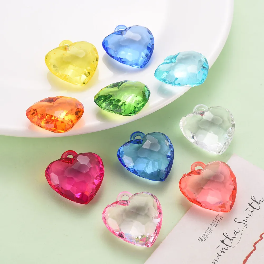 10pcs Faceted Heart Charms Pendant Transparent Acrylic Pendants Mixed Color for jewelry making DIY bracelet necklace decor