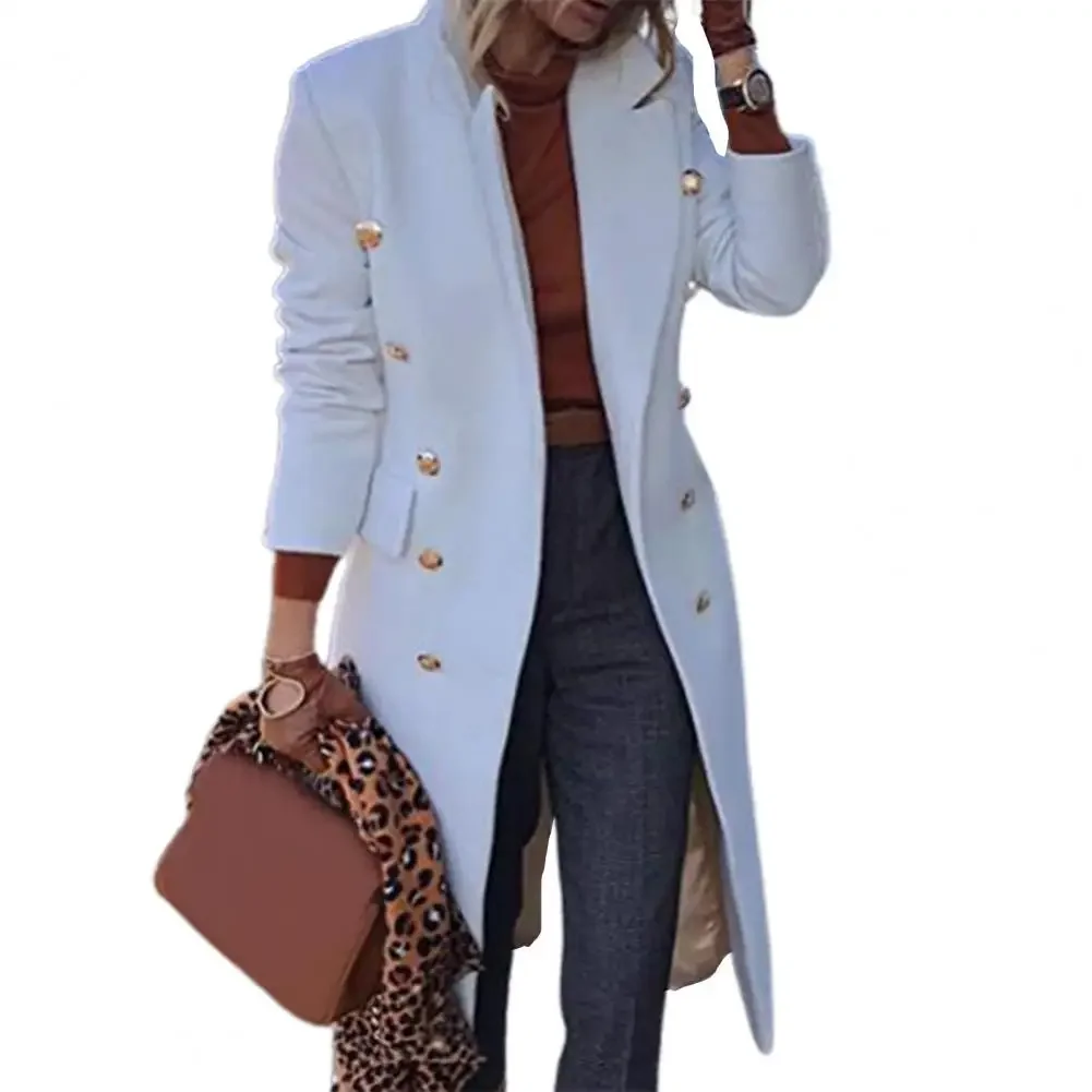 Solid Color Women Woolen Coat Long Button Lapel Coats Fashion Slim Double Breasted Casual Ladies Overcoat Autumn Winter