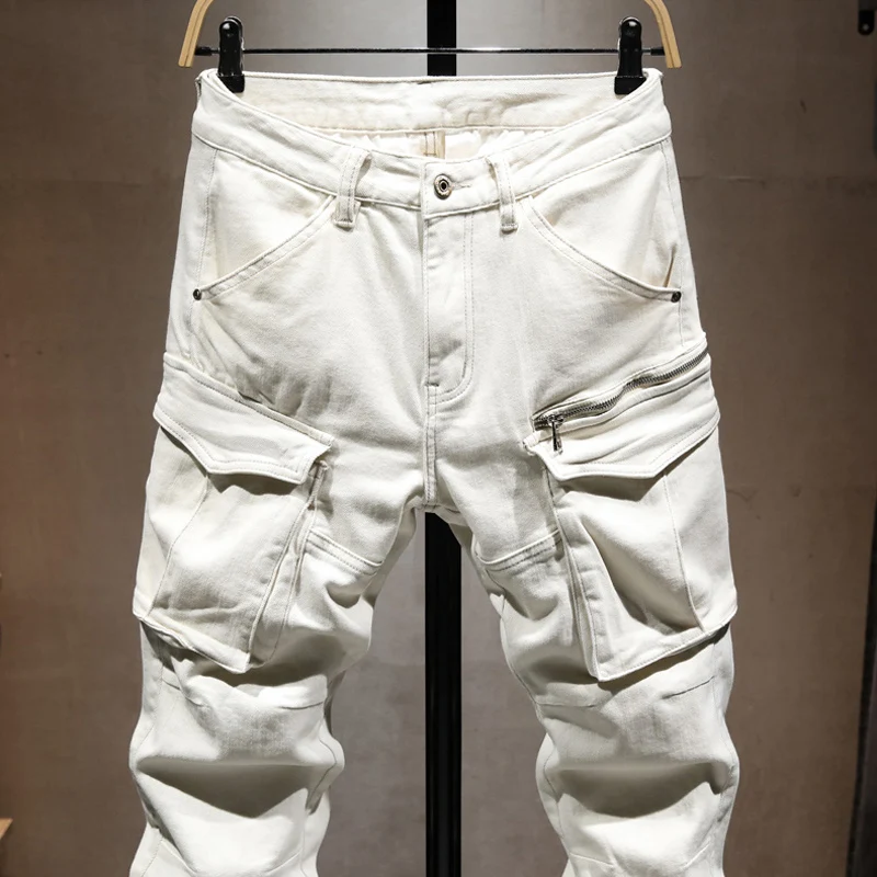 FashionY2K New White Men's Jeans Washed Nostalgic Stretch Slim Fit Multi Pocket Jeans High Street Designer Retro Pants