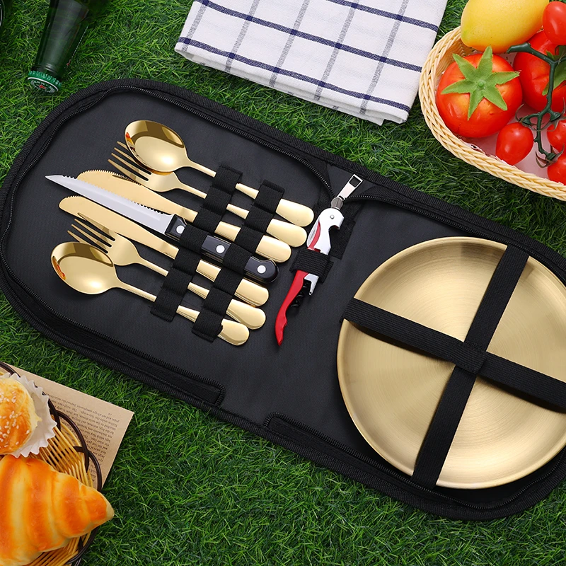 

10Pcs Camping Tableware Set 304 Stainless Steel Picnic Cutlery Set With Tableware Storage Bag Portable Picnic Set Camping Dishes