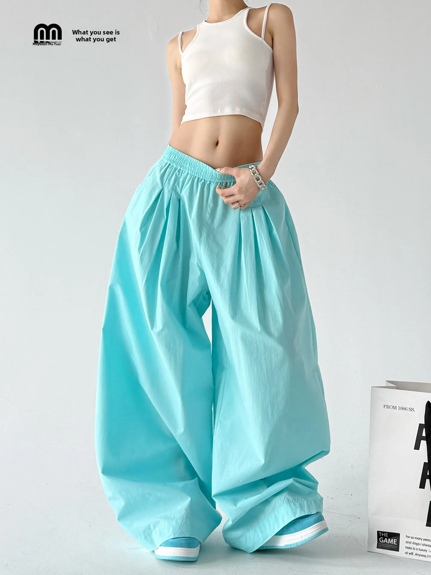 

Blue Loose Wide Leg Pants Women's Summer New High Waist Slimming Casual Trousers Comfortable Loose Feeling Cotton Material