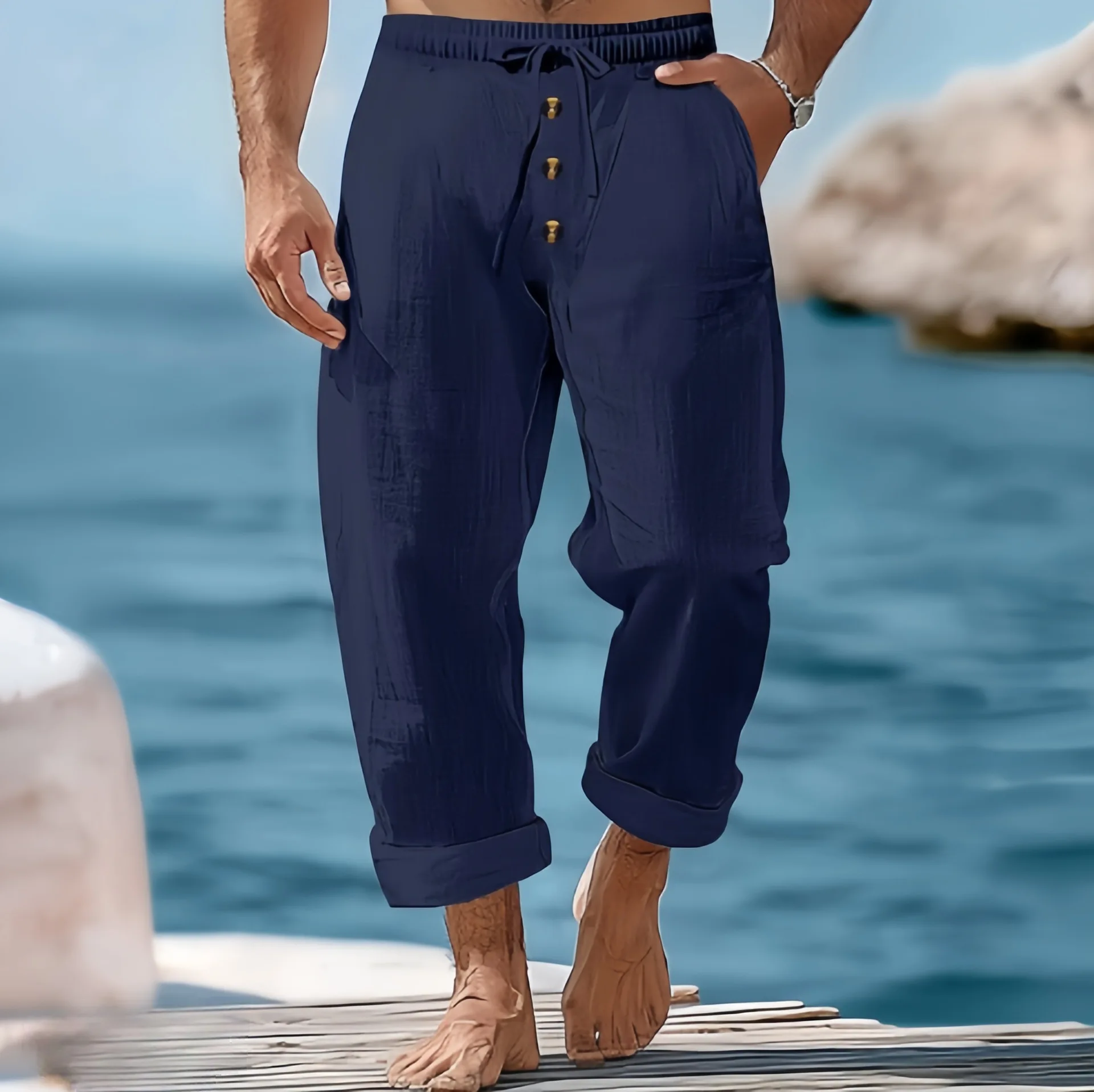 Linen Spring And Autumn American Men's Drawstring Vertical Buckle Solid Color Breathable Comfortable Loose