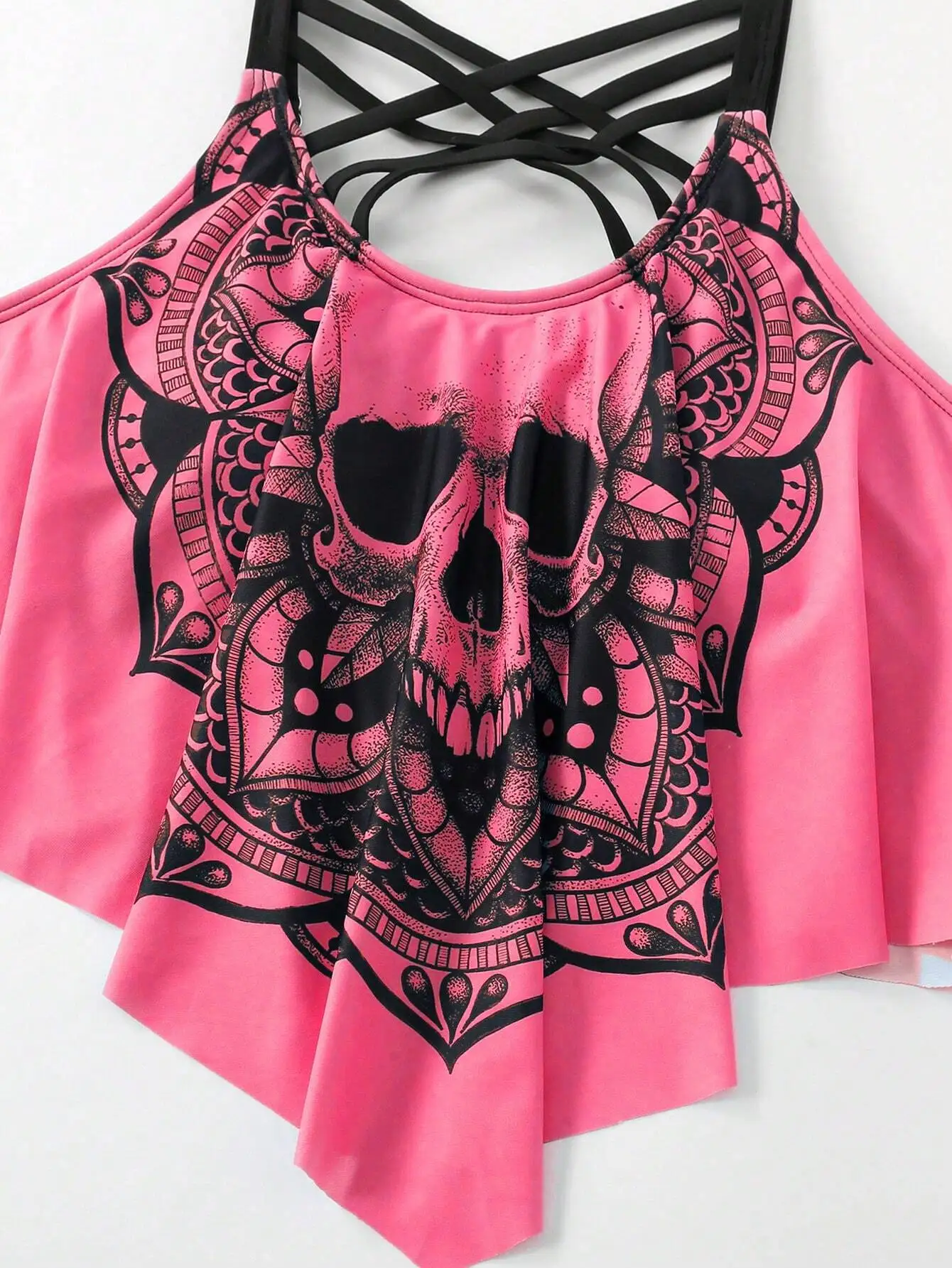 

Pink Skull Mandala Print Crisscross Neck Tankini Set For Beach Vacation