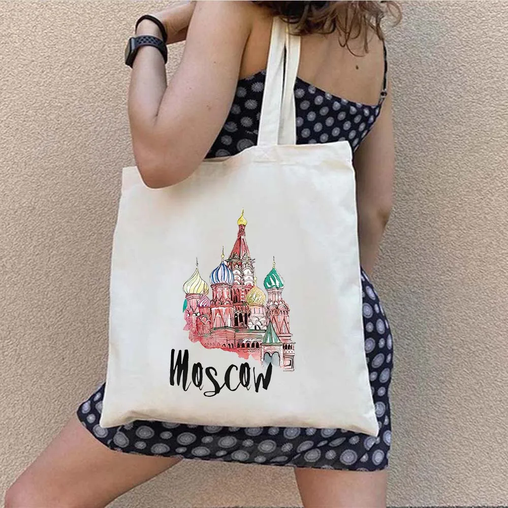 Paris Milan New York Moscow Los Angeles Tajmahal San Francisco Netherlands Travel City Canvas Shopping Cotton Totes Bag Handbags