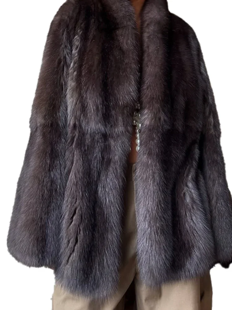 معطف فرو بني متوسط الطول للنساء مع زر مخفي فضفاض أنيق ملابس خارجية 2025 معطف أنيق للمكتب للسيدات للتنقل جديد #2