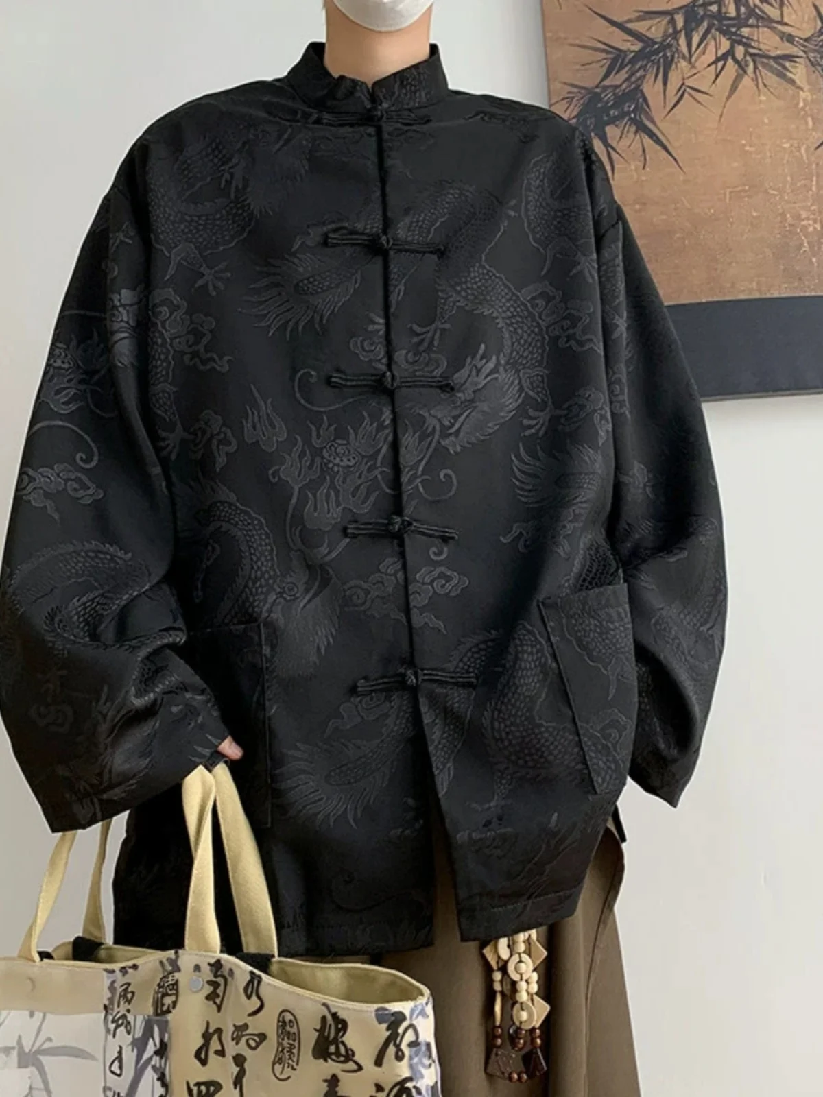 

New Chinese Sle Men's Long Sve irt with Button Design Bla Dragon Pattern Casual Loose Fit Summer Outerwear