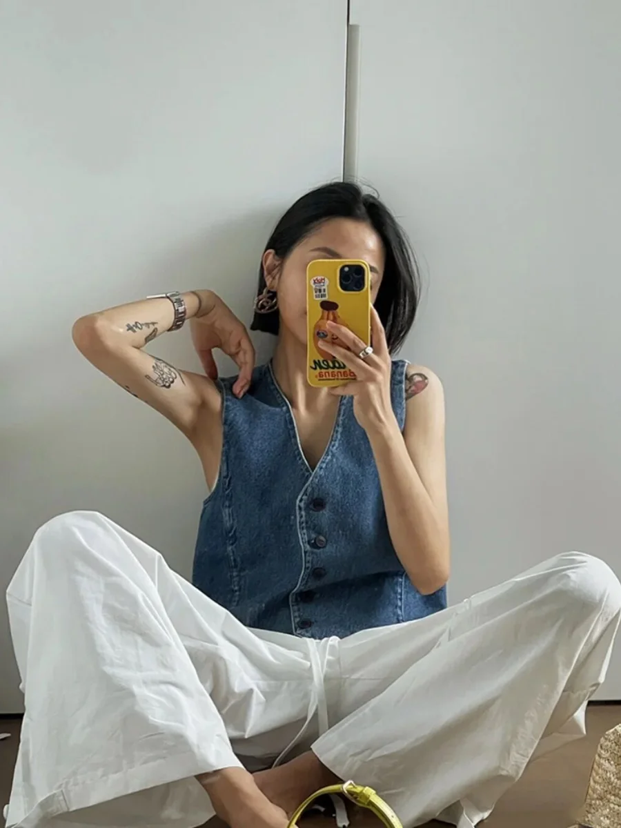 Faionable Chic Denim Vest Dames Zomer Trendy Eenvoudig Veelzijdig V-Ne Jaet Sli Match Casual Bovenkleding