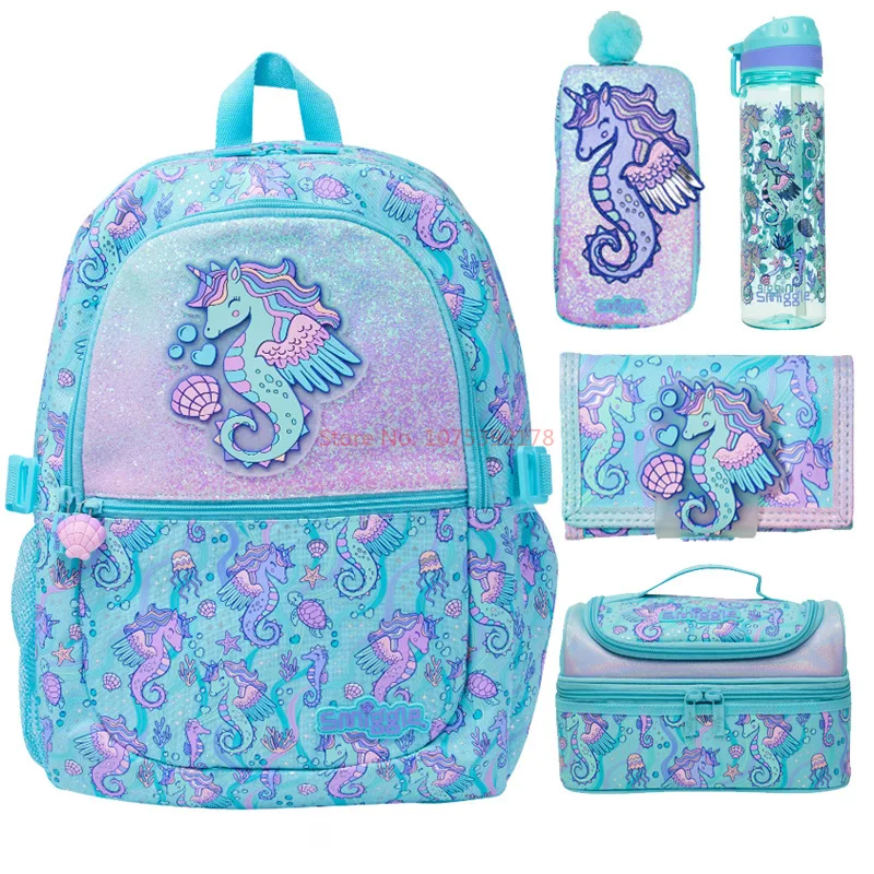 Австралийский школьный рюкзак Smiggle небесно-голубого цвета с морским коньком, Детские канцелярские принадлежности, рюкзак, сумка для ланча, стилус, кошелек, Подарочный стакан для воды