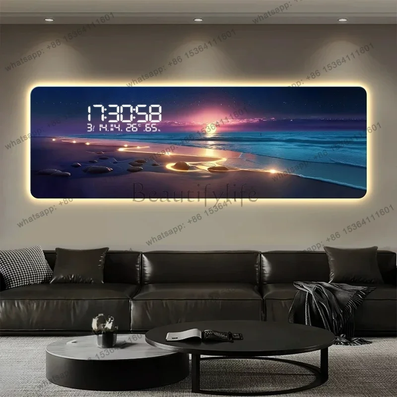 YJ Art Mural Big Size Wall Clocks Modern Light Luxury Sea Night View Living Room Decorative Painting Electronic Screen Wall Cloc