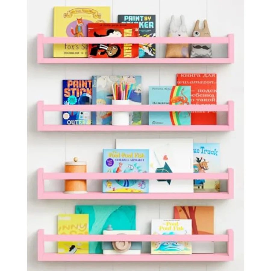 

Large Pk Book Shelves for Girls Room Wall Set of 4, Floatg Nursery Book Shelf for Baby Girl Deocr, 24 ch Long Wall Mounted Book