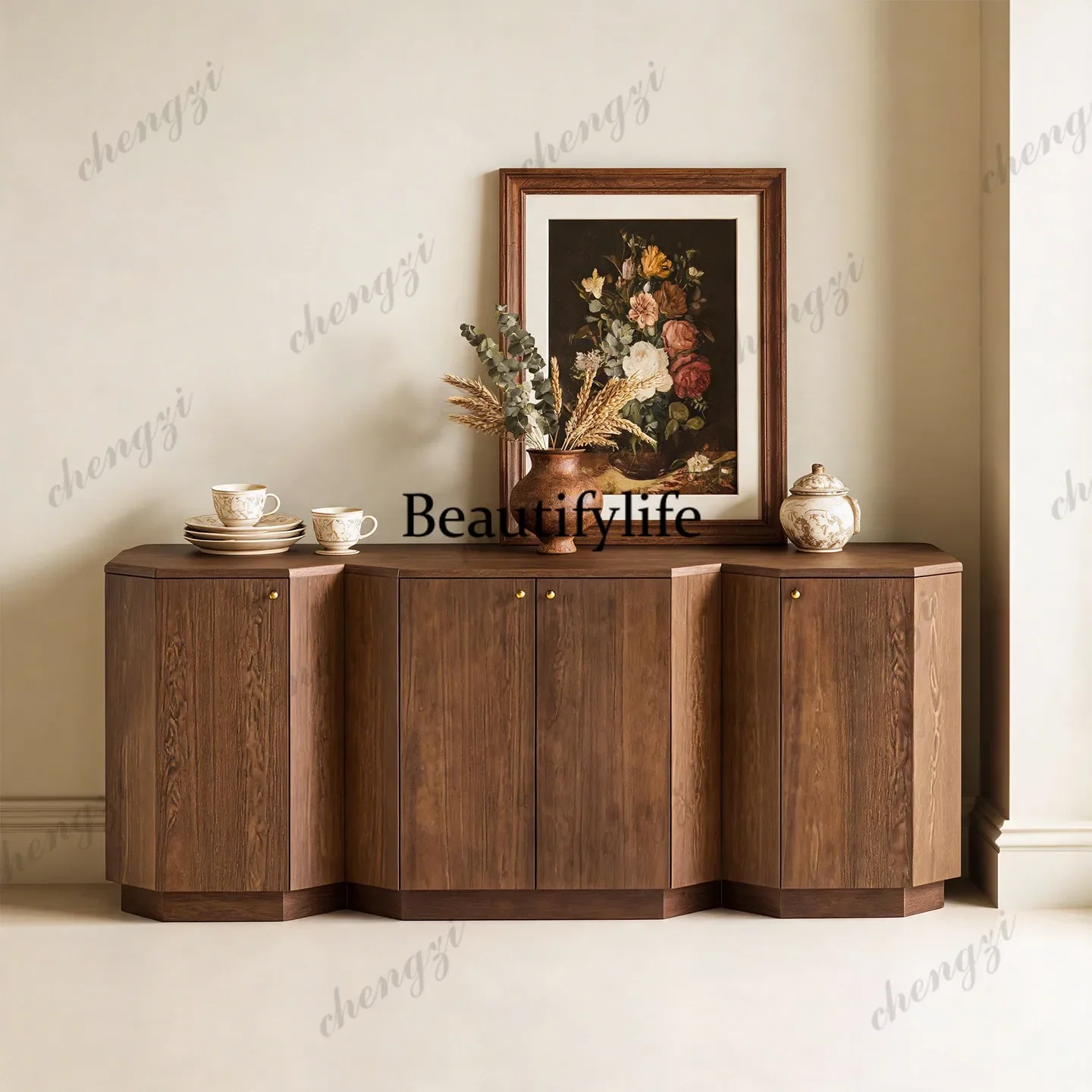 p182 American solid wood dining side cabinet integrated dining room storage cabinet French retro living room side cabinet
