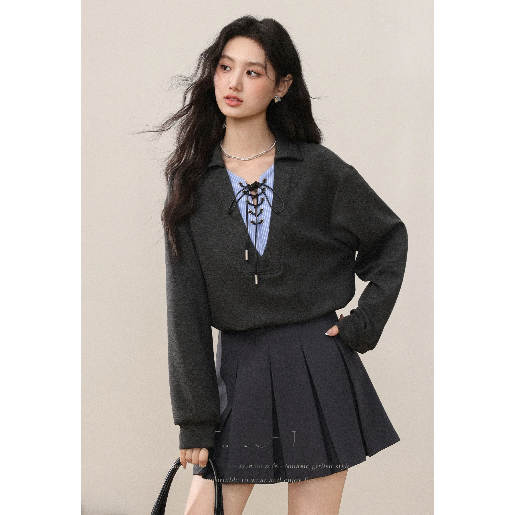 

Женская свободная футболка с длинным рукавом, красивый дизайн из двух частей, осенняя мода, повседневная, удобная, дышащая