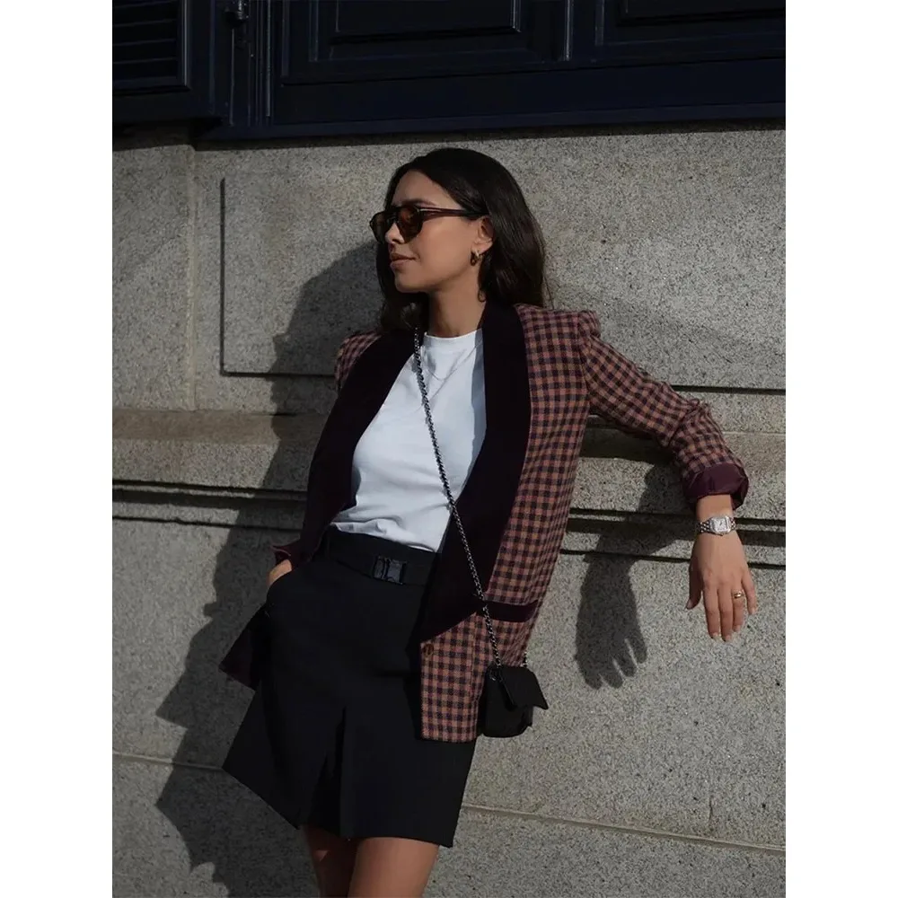 Vintage Plaid Print Women Blazer Jackets Long Sleeve Pocket Patchwork Slim Female Coats 2024 Spring Autumn Chic Lady Streetwear