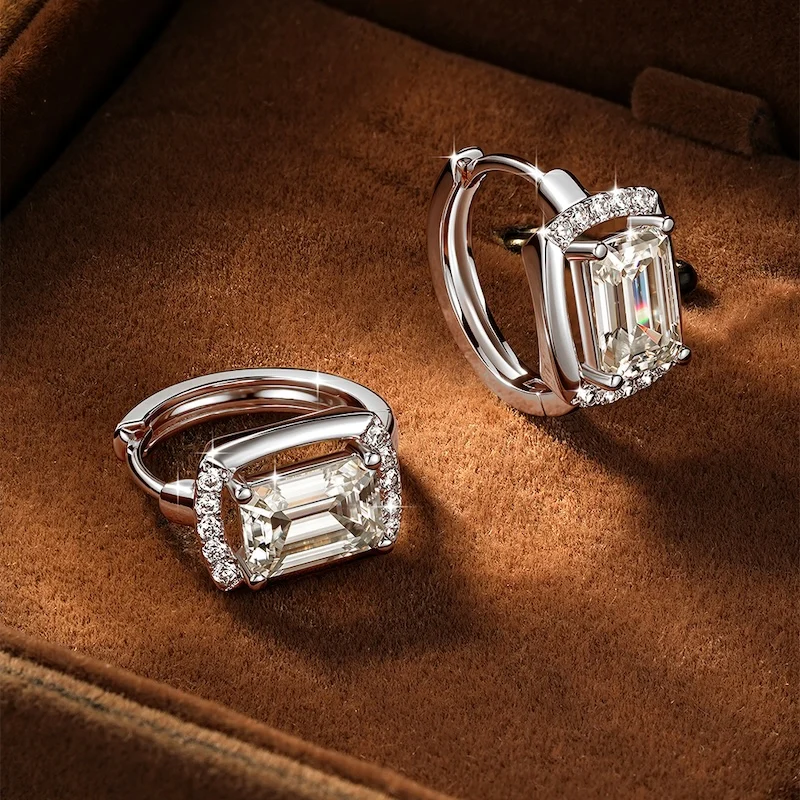 Rrjzz Huggie-Ohrringe mit Smaragdschliff, 5 x 7 mm, D-Farbe, Moissanit, für Damen, Laborimitation, Diamant-Creolen, Geburtstagsschmuck, Geschenke – Detail 6