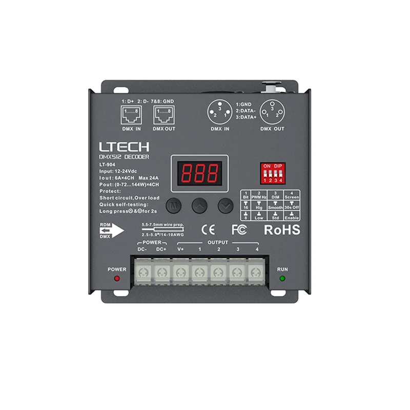 

LTECH LED DMX-RDM Decoder;DC12-24V Input 6A*4CH 4 Channel Output RGB RGBW Strip DMX512 Controller XLR-3 RJ45 DMX Slave