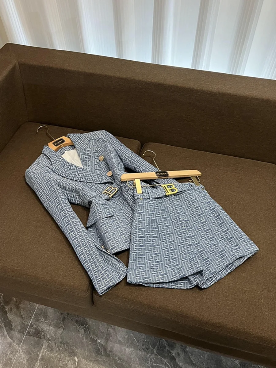 

New Commuter OL lectural oulder Pad Denim Fabric Jaet And ort Set Faionable Women's Workwear Autumn 2025