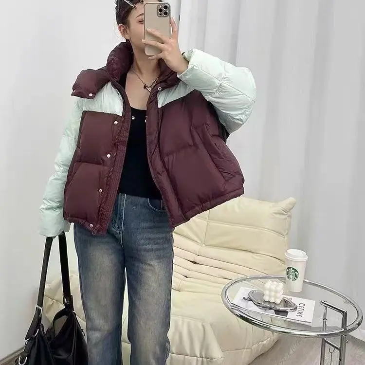 Winter New Women's Down Jacket Commuting Loose Color Blocked Hooded Short Jacket