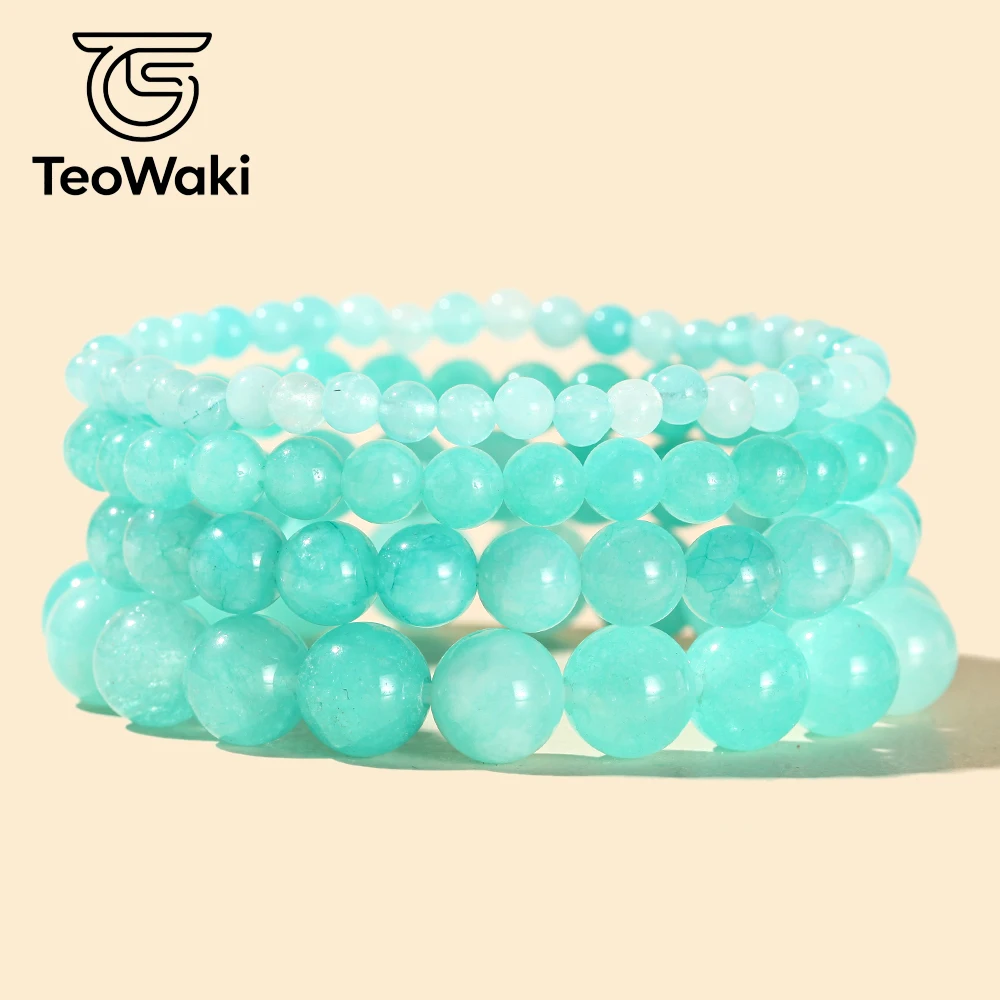 TeoWaki Dainty Polished Natural Stone Stretch Bracelet Blue Series Bead Sizes Various Daily Jewelry Stackable Accessory 19cm