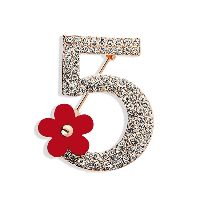 Full rhinestone number 5 flower brooch Luxury fashion wedding party letter woman boutonniere brooches gift Valentine\'s Day