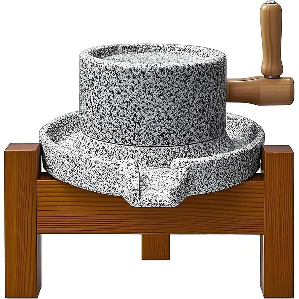 Molino de grano de piedra o molinillo de mano para el hogar - Molinillo de disco artesanal de sobremesa para trigo y harina con soporte de madera para pan, tortillas, especias