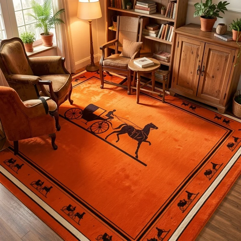 Large Orange Farmhouse Area Rug Retro Horse Carriage Pattern Rustic Country Style Living Room Decor Machine Washable Area Carpet
