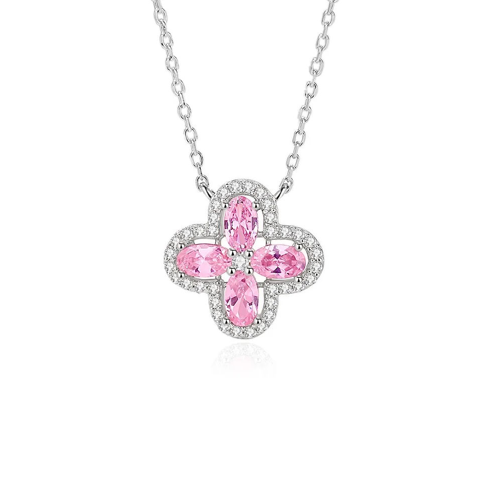 

Hot Selling S925 Silver Beautiful Peach Necklace for Women Micro Inlay Pink Diamond Four-Leaf Clover Fine Pendant Necklaces