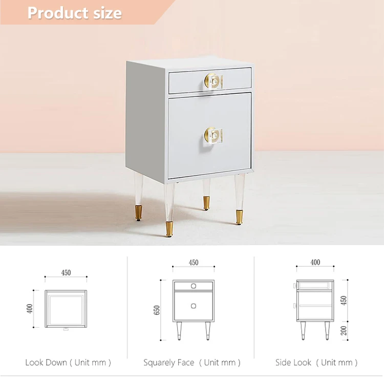Custom Two-Drawer Modern Nightstand Acrylic Legs Wooden Bedroom Furniture for Living Room Hotel Use Panel Wood Style Home Use