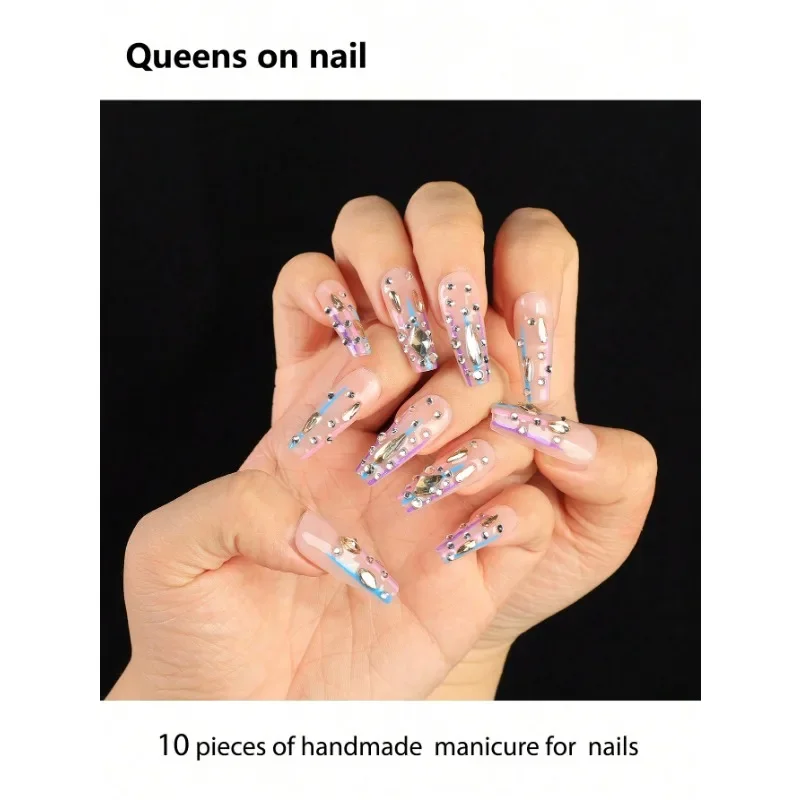 

10 Pieces Of Handmade press on Nails Ballet Style Fake Nails/Sfumato/Hand-Painted Stripes/Various Sparkling Diamonds/Dark Punk