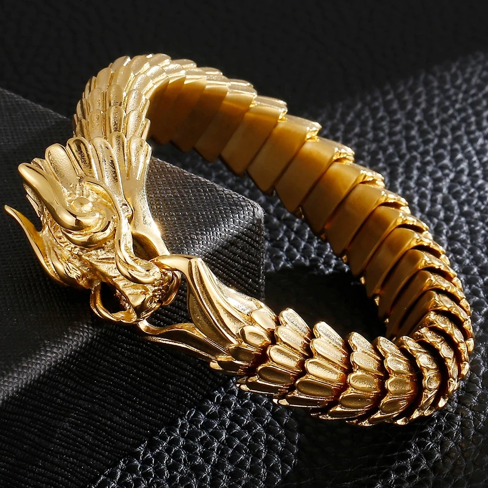 15mm Punk Gold Color Dragon Chain Bracelet Men Women Retro Black Stainless Steel Charm Bike China Dragon Blessing Bangle Jewelry