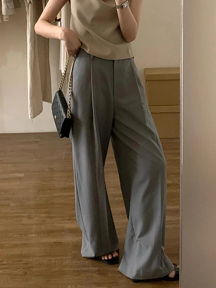 PBAP عادية الصلبة رمادي البدلة السراويل النساء جيوب مطوي الجبهة فضفاضة رايات عالية الخصر واسعة بنطلون الأعمال مكتب سيدة الملابس #4