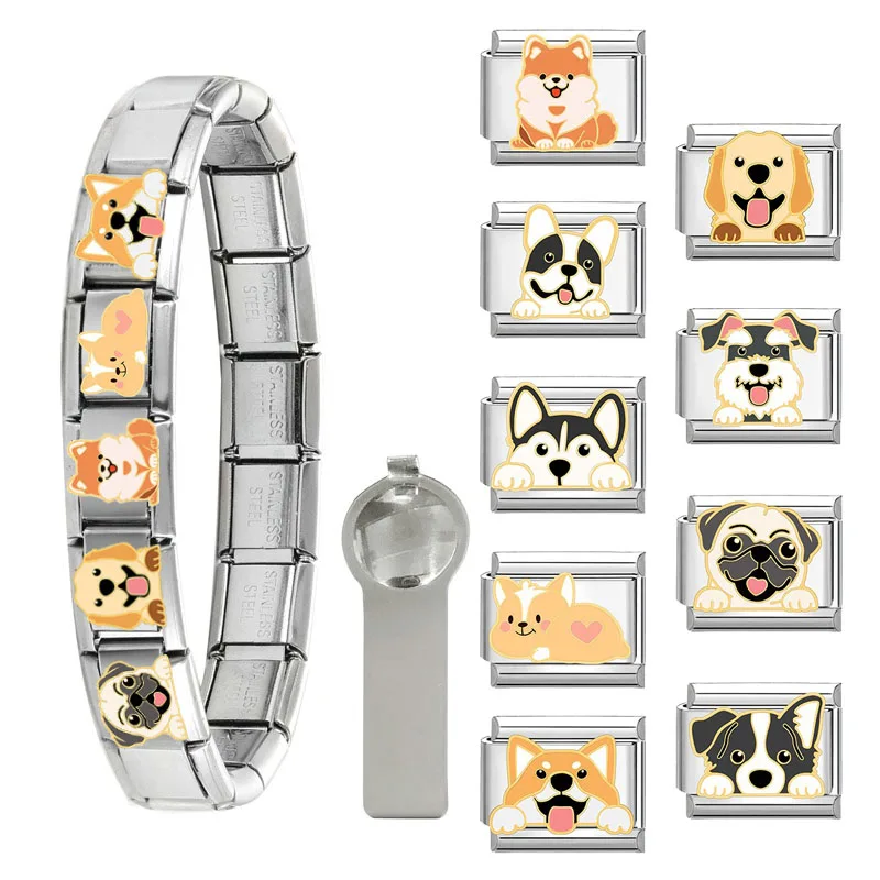 Cute Dog Bulldog Border Collie Corgi Husky Charms Italian Links Fit 9mm Stainless Steel Bracelet Making Jewelry Gifts Diy