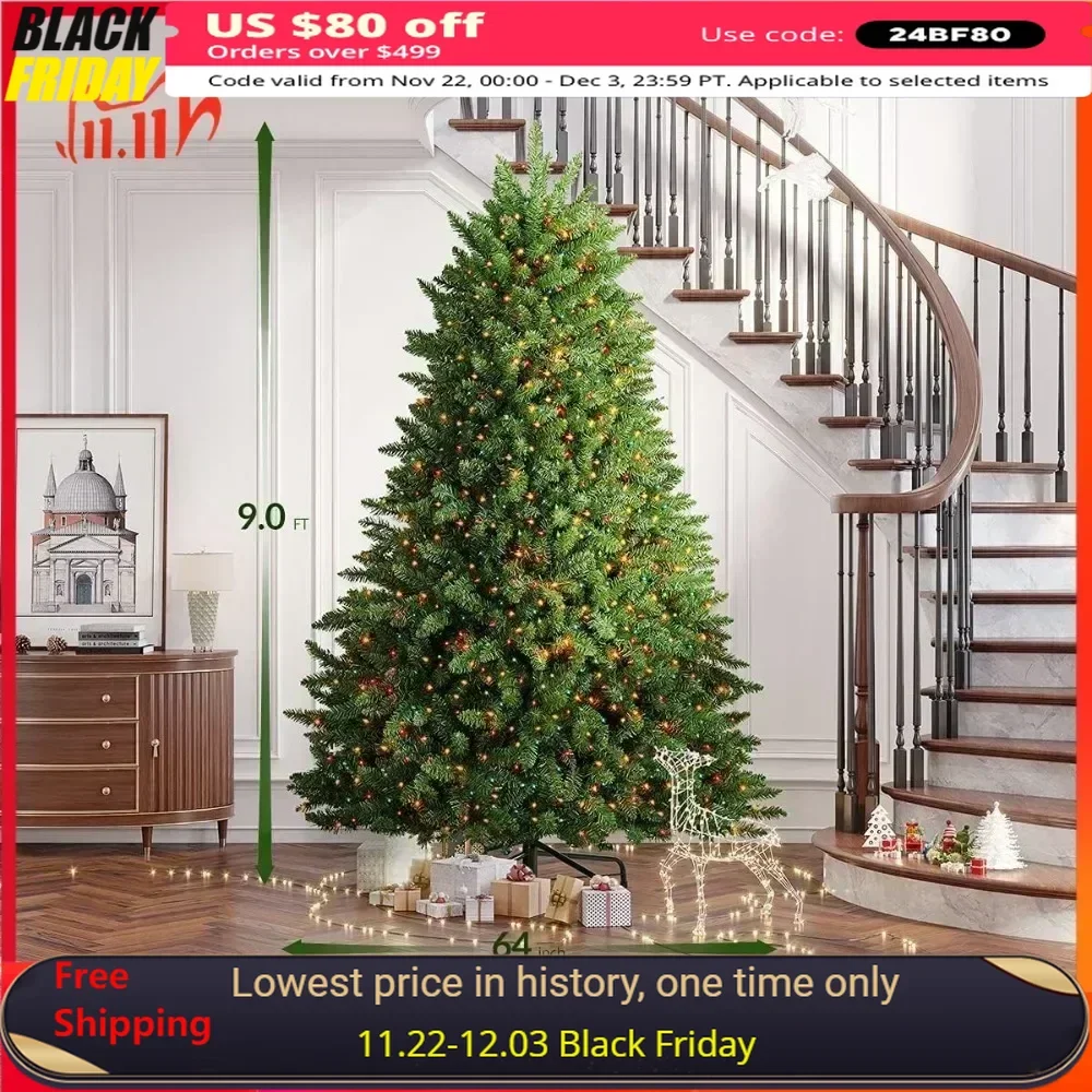 9 FT Pre-lit Christmas Tree, 4668 Thicken Tips and 1500 Clear Lights for Indoor Outdoor,Hinged Spruce Artificial Christmas