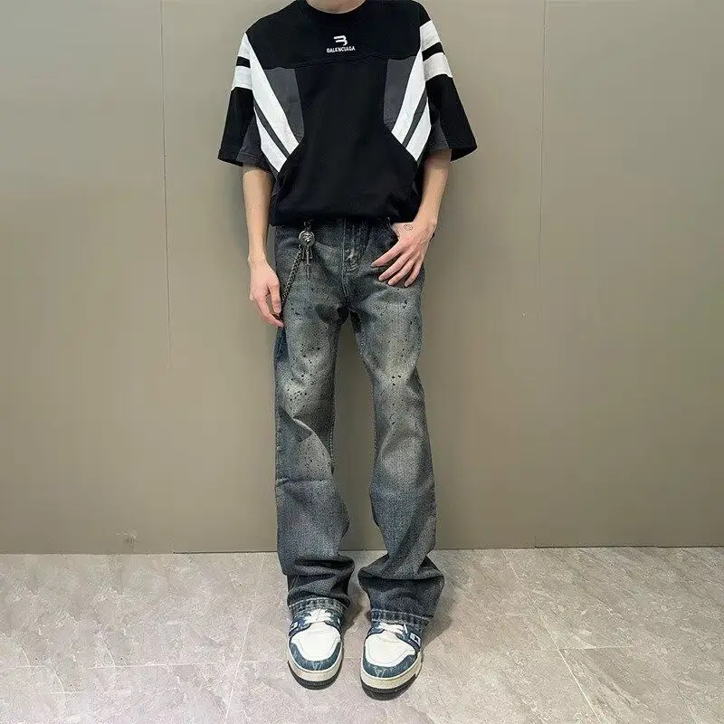 

Мужские джинсы в стиле хип-хоп с принтом, модные, уличный стиль, хлопок/полиэстер, средняя посадка, прямой крой