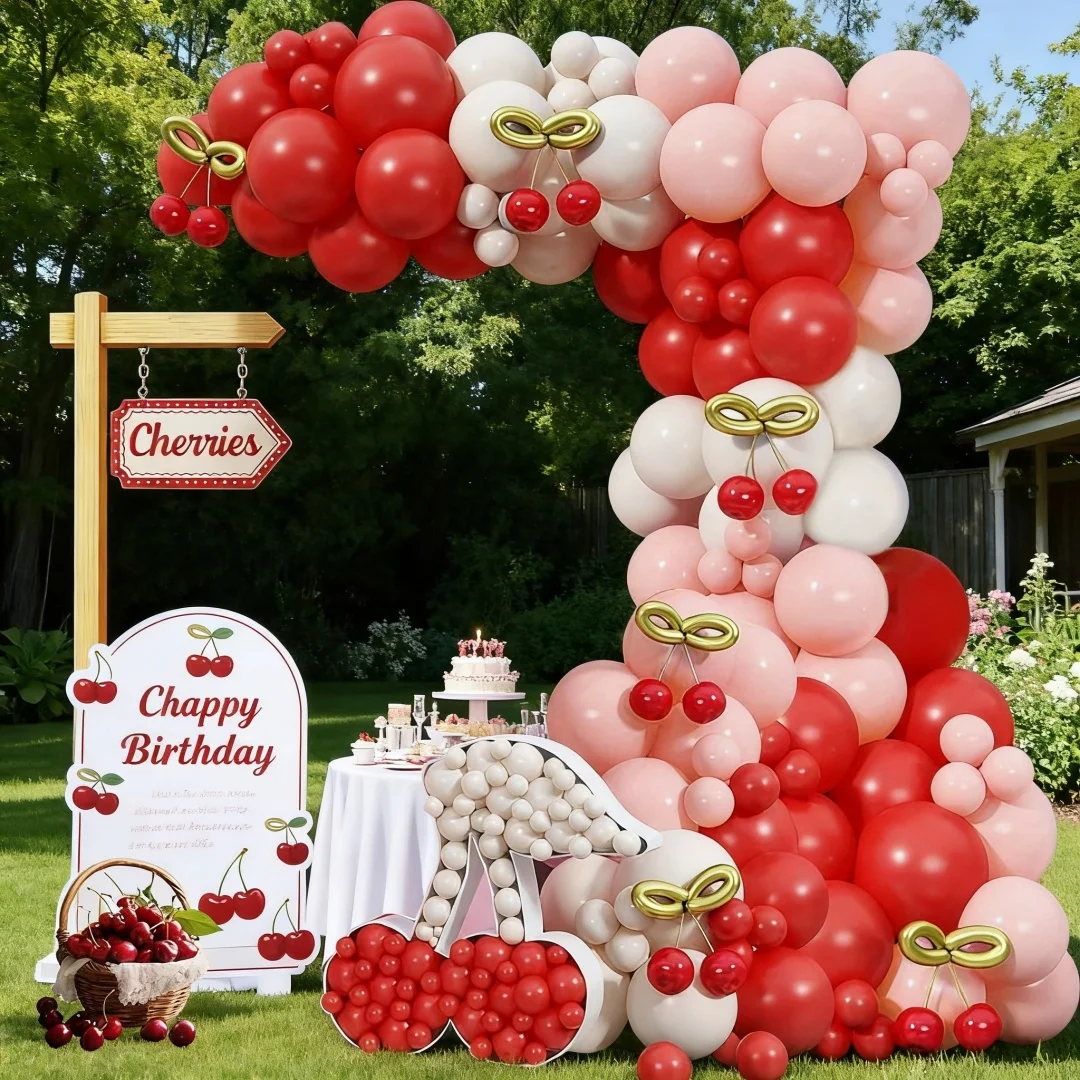 142 rote Kirschthemen-Luftballons mit Bogen-Design, inklusive stilvoller, dicker Latexballons in Rot, Pink und Weiß, ein Set – Detail 2