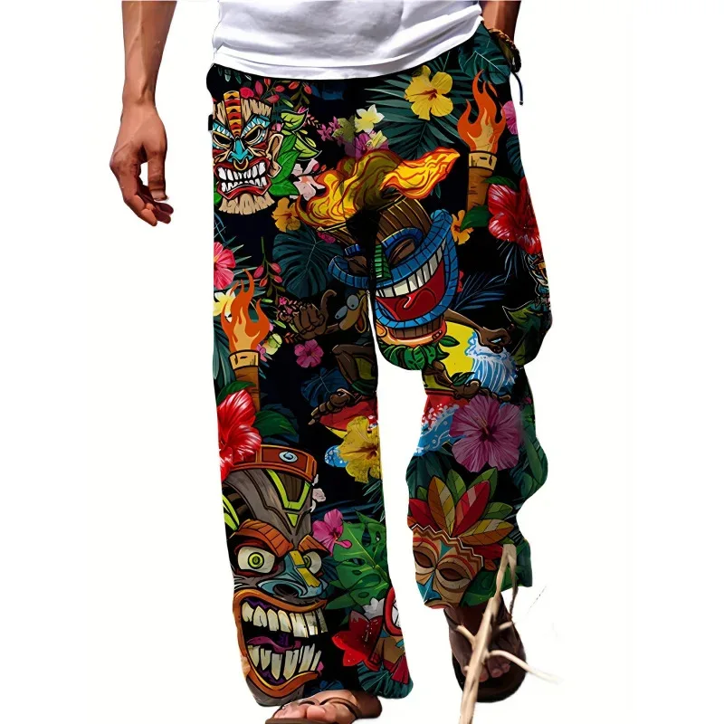 Men'S Fashion Casual Pants Breezy Summer Men'S Tropical Print Drawstring Long Trousers Comfortable Loose-Fit For Summer
