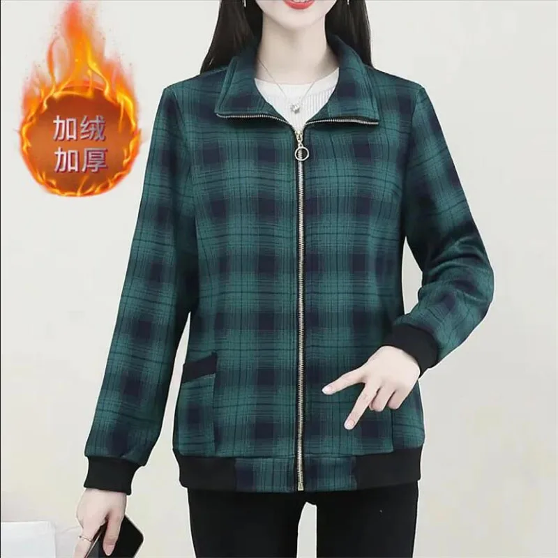 

Add Velvet And Thicken Plaid Tops 2023 New Spring Autumn Winter Women Coat Retro Zipper Pocket Casual Short Jacket Mother Wear