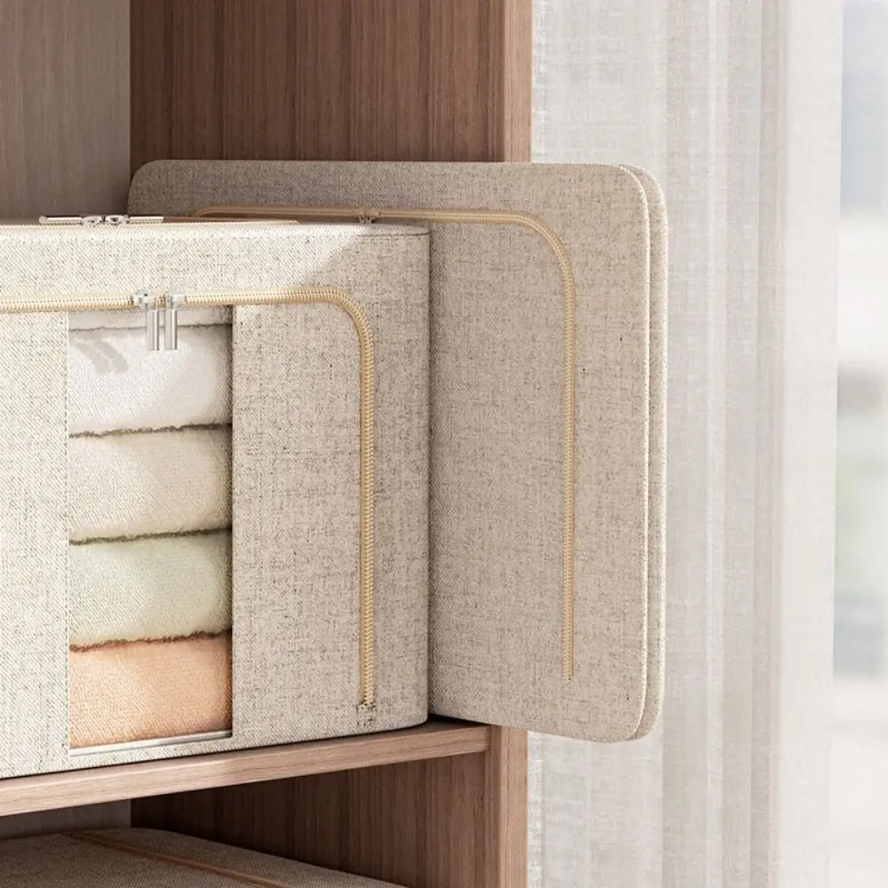 Large Capacity Clothes Storage Bins Folding Steel Frame Pants Storage Box with Window Dust-proof Quilt Organizer Box Bedding