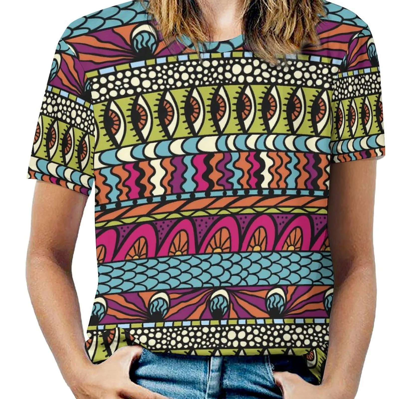 Ladies T Shirt Geometric Shape O Neck T-Shirts Short Sleeve  Vintage Custom Tops Street Wear Tees Big Size 5XL 6XL
