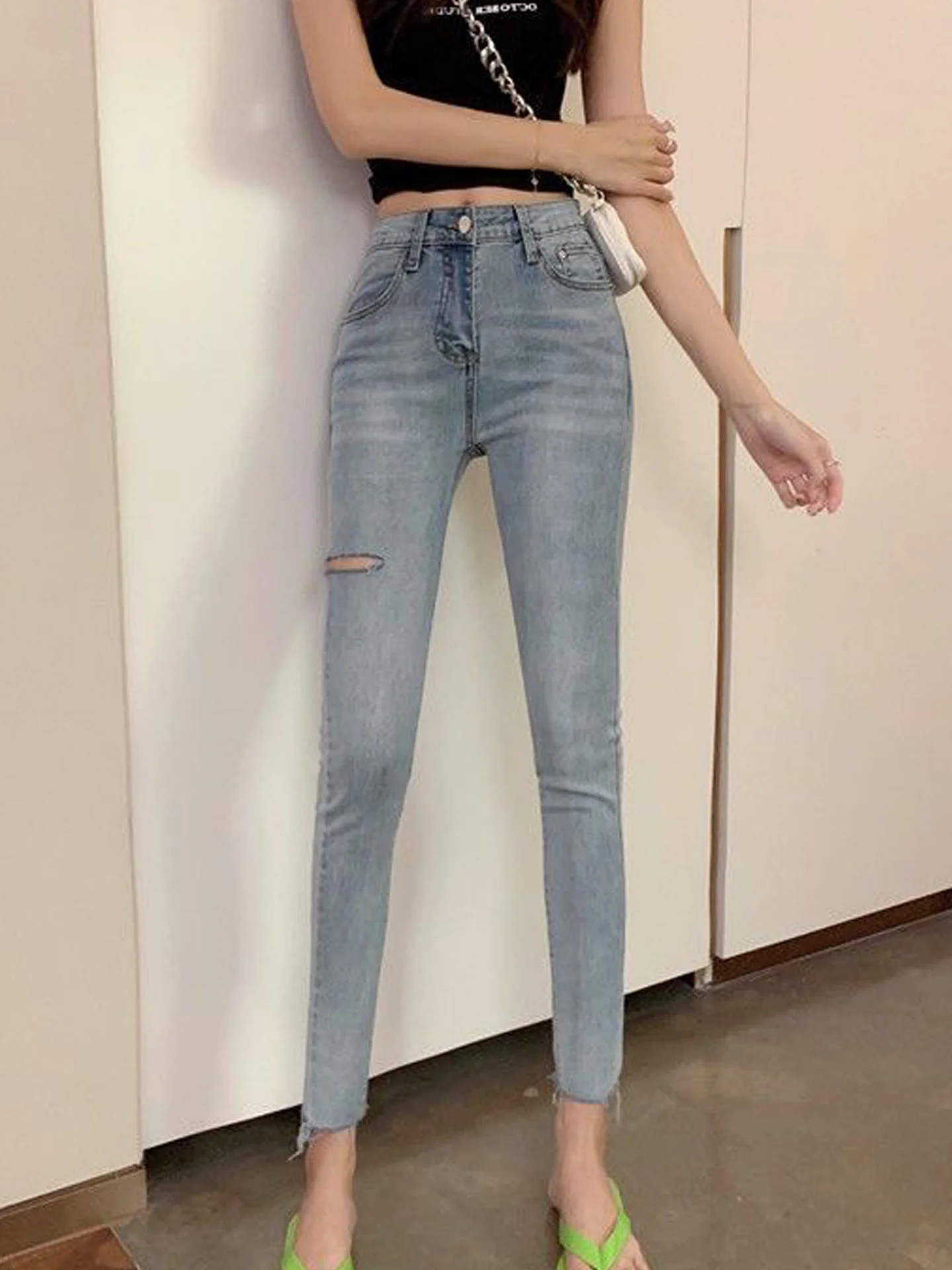 Retro American Fashion Denim Jeans Women's Tight Slim Fit High Waist Skinny Pencil Pants Tear Hole Elastic Summer Pure Color