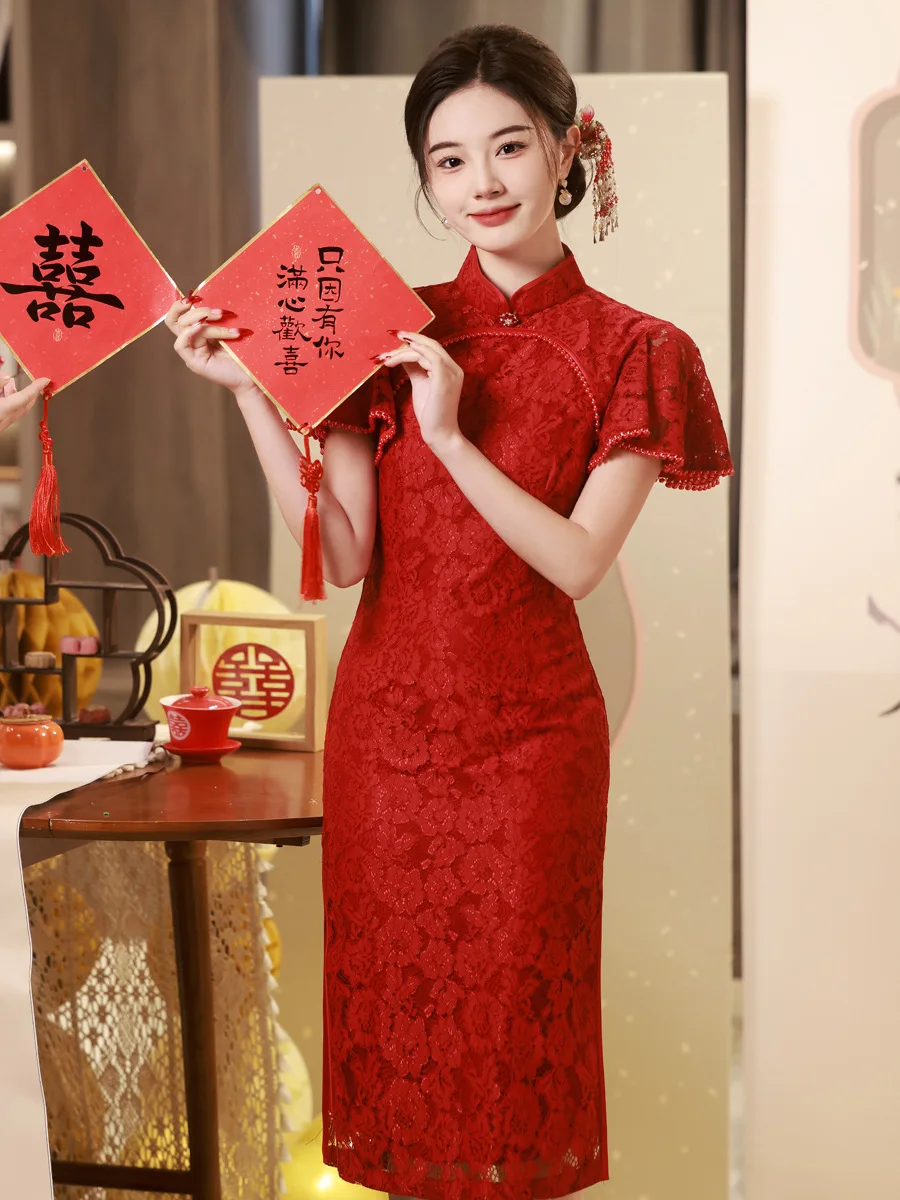 

Traditional Chinese Style Lace Qipao Women Sexy Flying Sleeve Chiffon Dress Vintage Classic Mandarin Collar Cheongsam