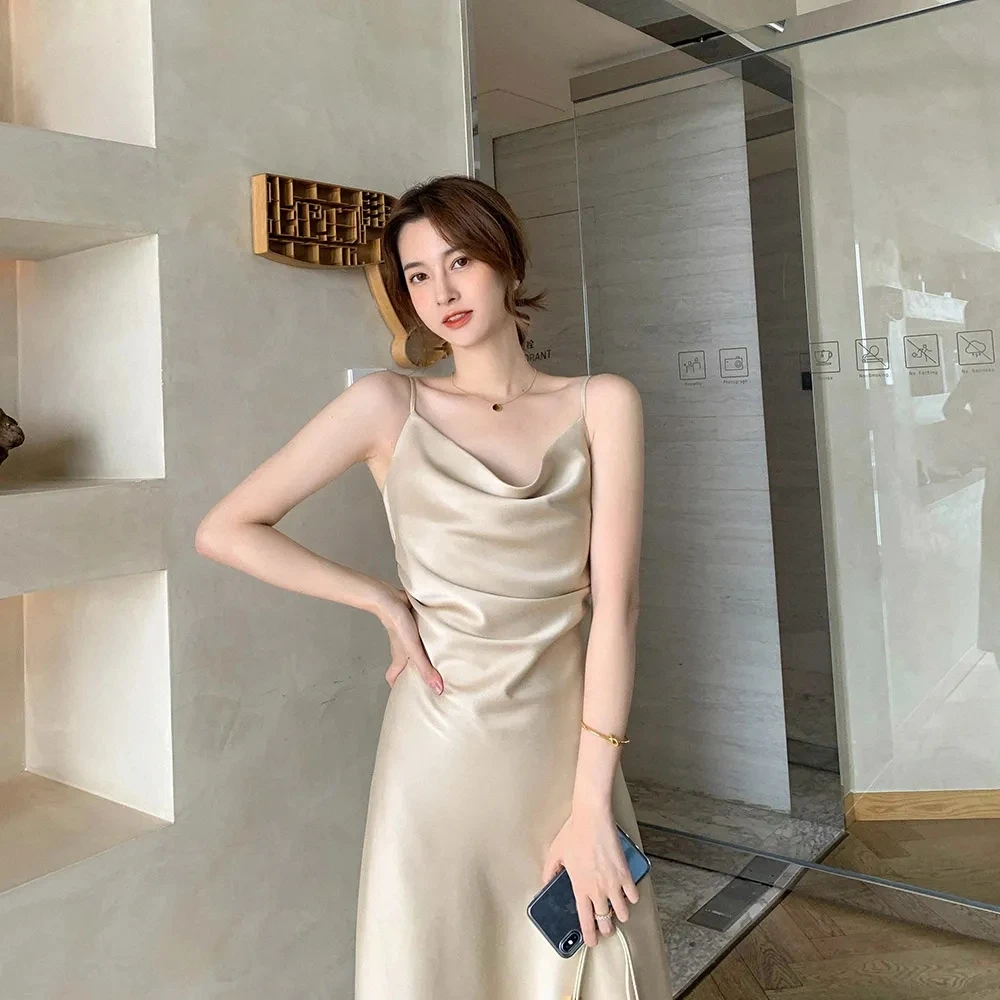 

Summer New Spaghetti Strap Camisole Dresses For Women Sexy Solid Swinging Collar Slim Sleeveless Women's Clothing A-Line Skirt