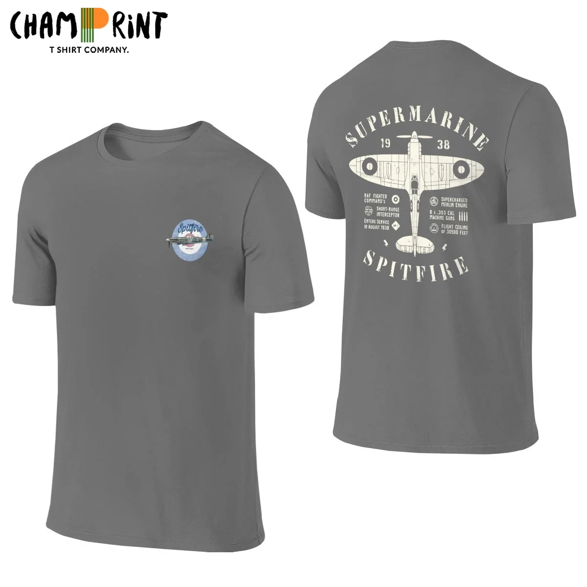 Men's T-Shirts Supermarine Spitfire Cotton Tee Shirt Fighter Plane WW2 T Shirts Crew Neck Front Back Two Sides Clothes Gift Idea