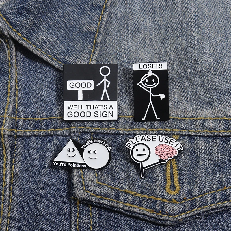 Simplified Cartoon Characters Enamel Pins Funny Satirical Quotes Please Use Your Brain Lapel Badge Accessories Lapel Badge Gift