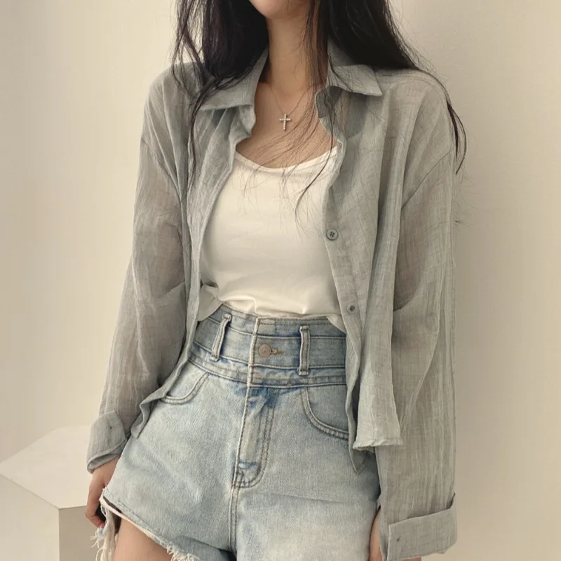 

Chic Summer Vintage Color Pleated Texture Long Sve Loose Thin Sun Protection irt Collar Single Button Closure