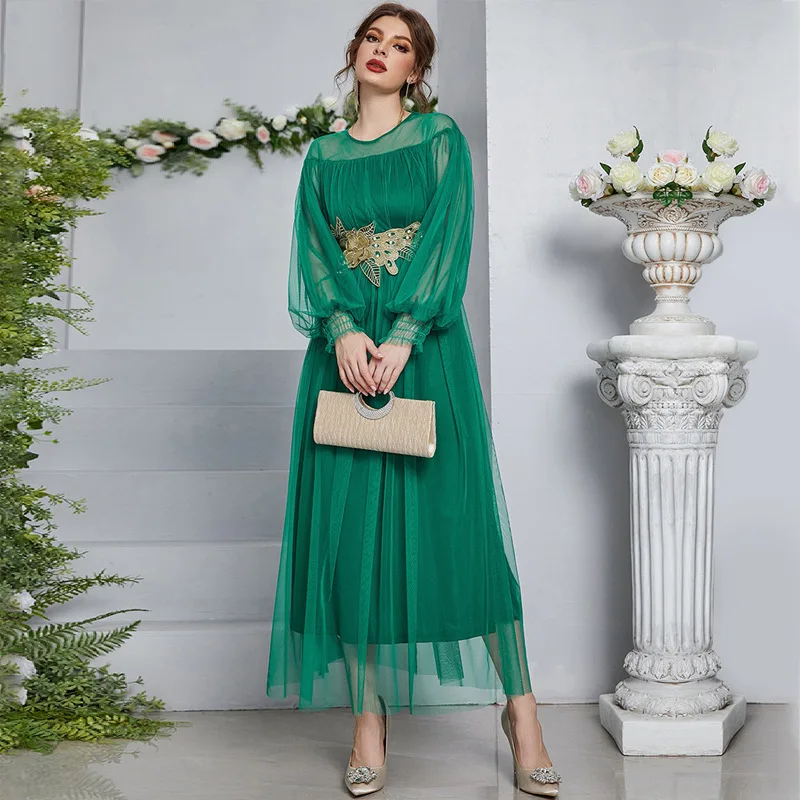 

ZTY-21545 Women's 2023 Autumn Fashion Elegant Splicing Mesh Embroidered Green Dress