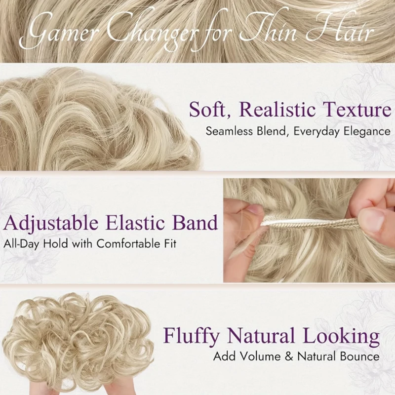 Extensiones de cabello sintético elegantes y ligeras tipo moño despeinado para mujer, moños voluminosos con ondas, fibra resistente al calor para uso diario 4