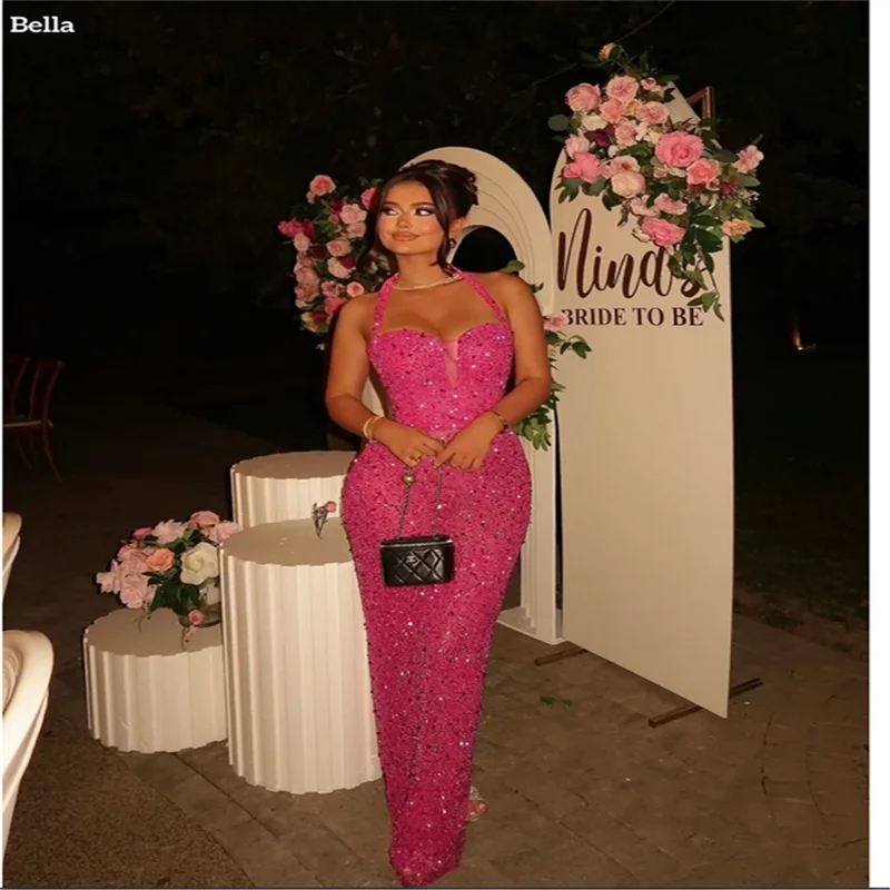 Robes de soirée sirène personnalisées, col licou, paillettes brillantes, perles, sans manches, longueur au sol, robe de bal, 2026 ﻿