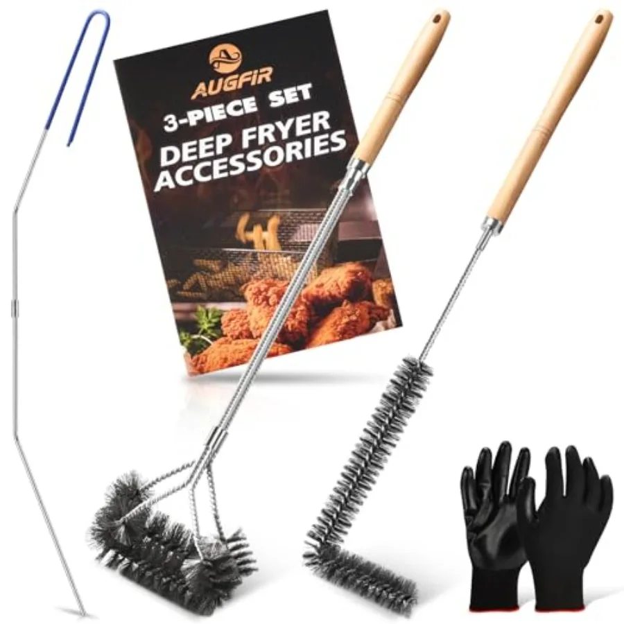 

Набор инструментов для чистки фритюрниц из 3 предметов: щетка для корзин фритюрниц из нержавеющей стали, щетка с длинной ручкой для чистки L-образных щелей и инструмент для очистки.