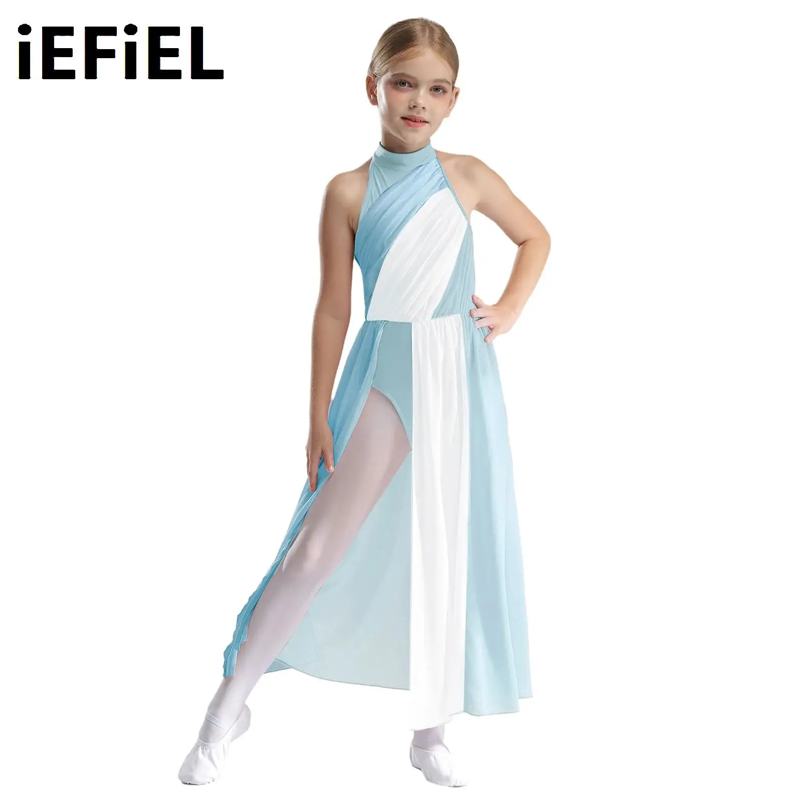 

Kids Girls Lyrical Dance Dress Keyhole Back Split Dress Color Block Mock Neck Sleeveless Dress for Modern Performance